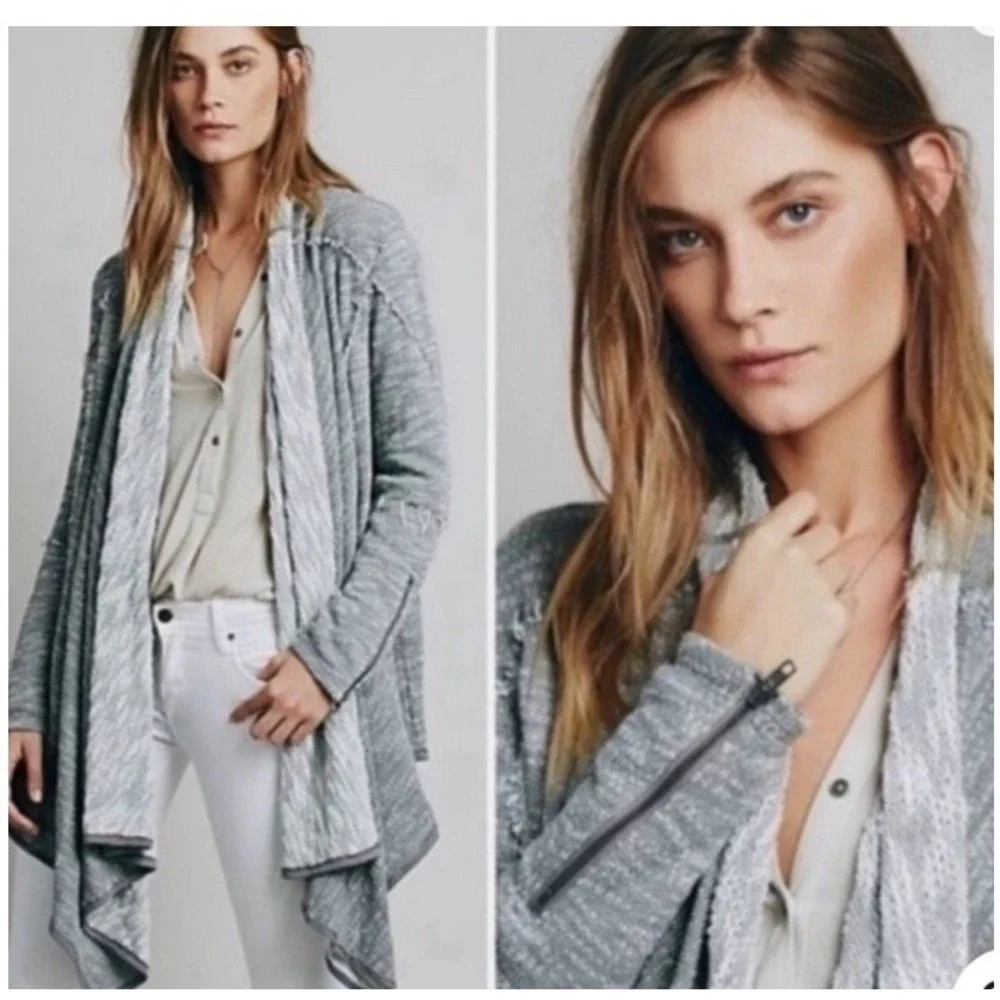 Free People Gray Marled Knit Draped Open Front Cardigan Zipper Cuffs XS